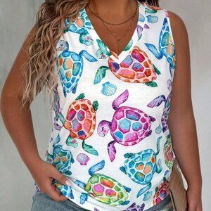 Plus Size Women's Turtle Print V-Neck Tank Top For Summer SHEIN EMERY ROSE Shirt